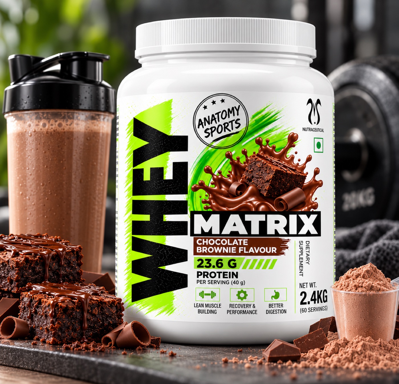 Anatomy Sports Whey Matrix, Chocolate Brownie flavour, with a protein shake